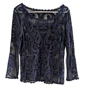 Express Women's Blue Mesh Embroidered Blouse, Size Small